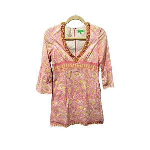 Tibi Womens Pink Knit Paisley Floral Summer Dress Size 0 Rhinestone Long Sleeve
